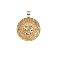 A round gold pendant featuring a sunburst design with a central three-petal motif, shown on a plain white background.