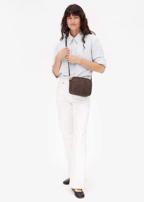 Clare V Midi Sac Black/Chocolate Leather & Suede Woven Checker