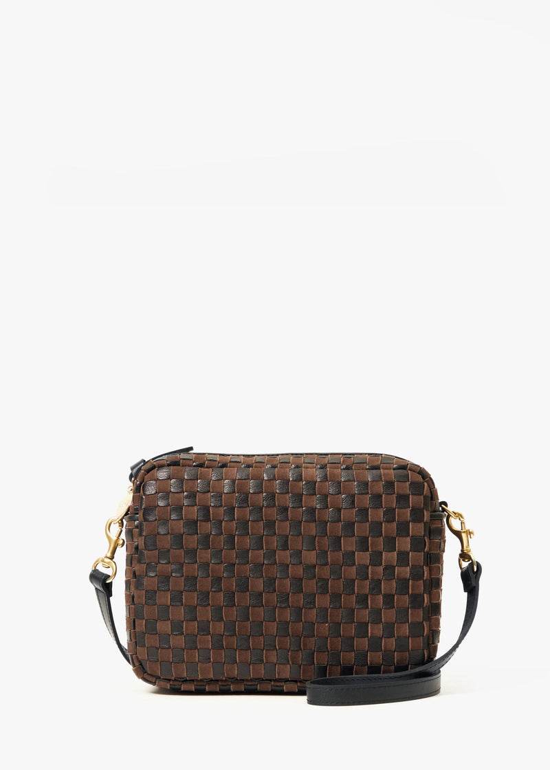 Clare V Midi Sac Black/Chocolate Leather & Suede Woven Checker