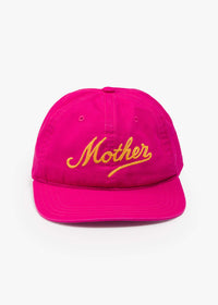 A bright pink baseball cap with the word 'Mother' embroidered in yellow cursive script across the front, shown against a plain white background.