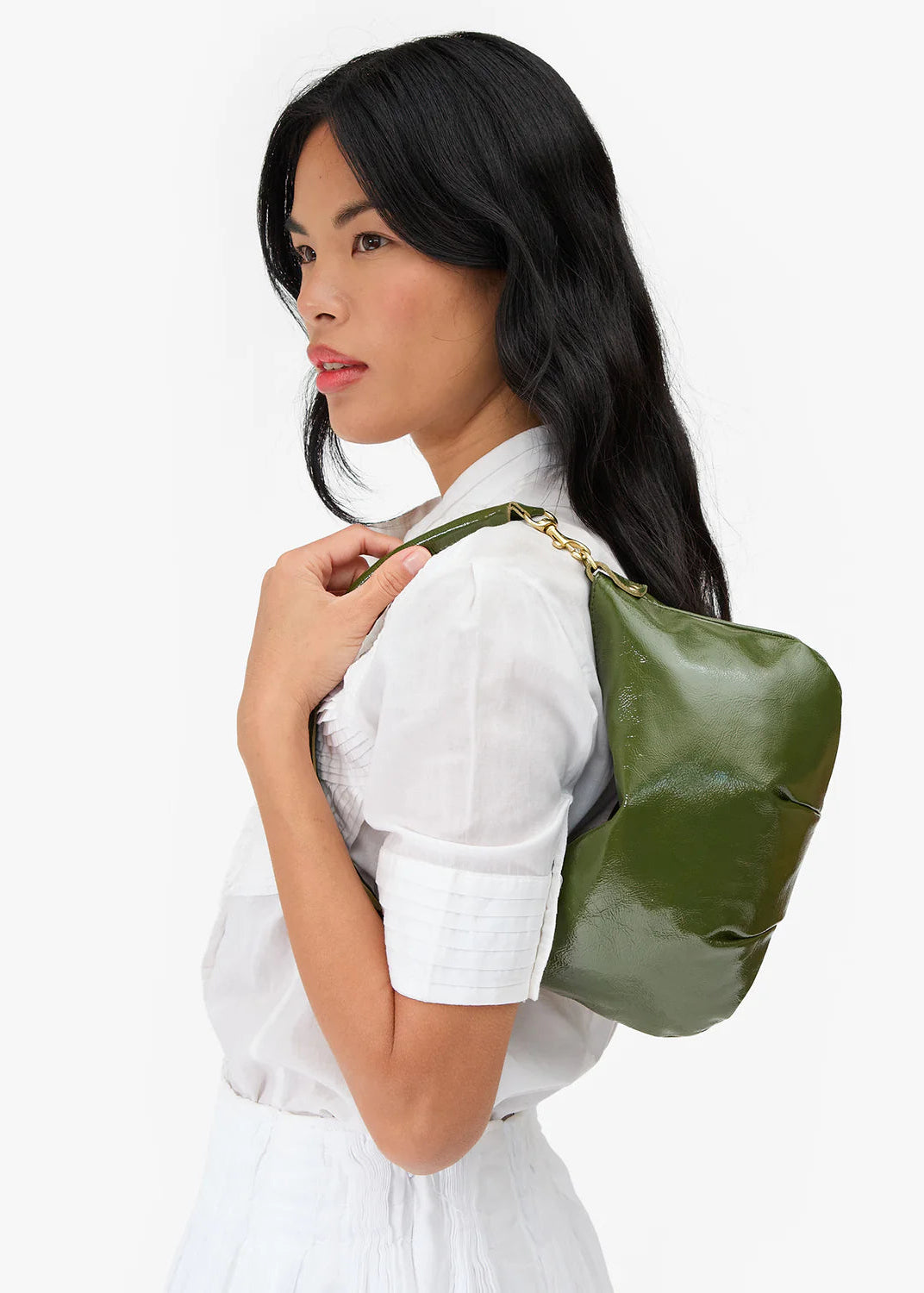 Clare V Petit Moyen Crinkle Patent Army