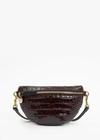A dark brown crocodile-embossed leather belt bag with gold-tone hardware and a black strap, shown against a plain white background.