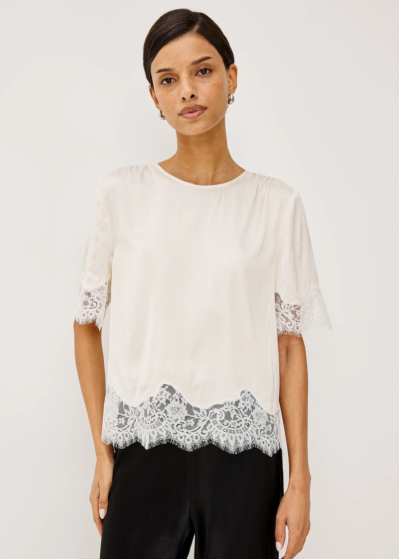 Woman wearing a white blouse with lace details on a plain background