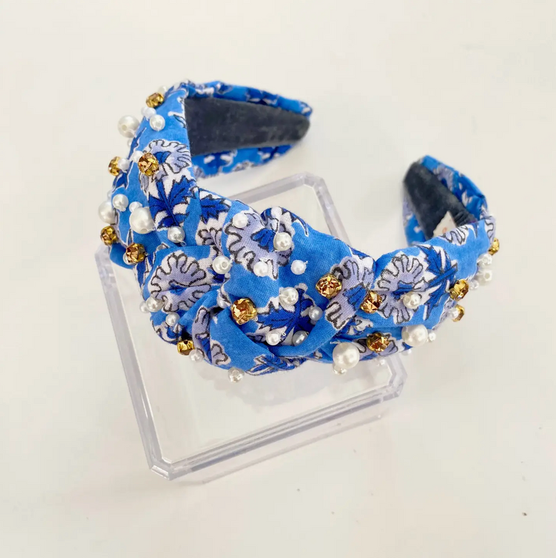 Block Print Headband with Gems in Newport Blue