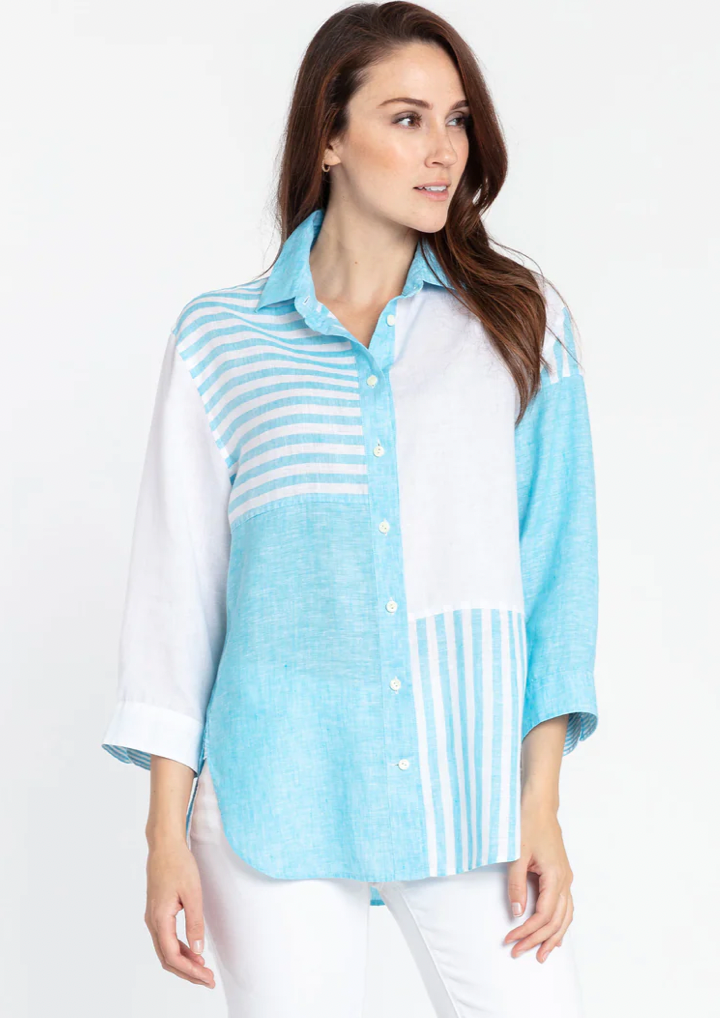 Halsey 3/4 Sleeve Luxe Linen Stripes Shirt