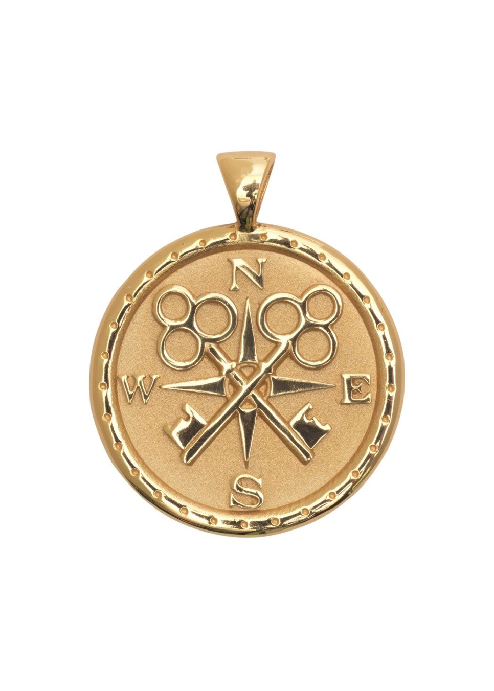 A round gold pendant featuring a compass rose design with the letters N, S, E, and W, set against a plain white background.