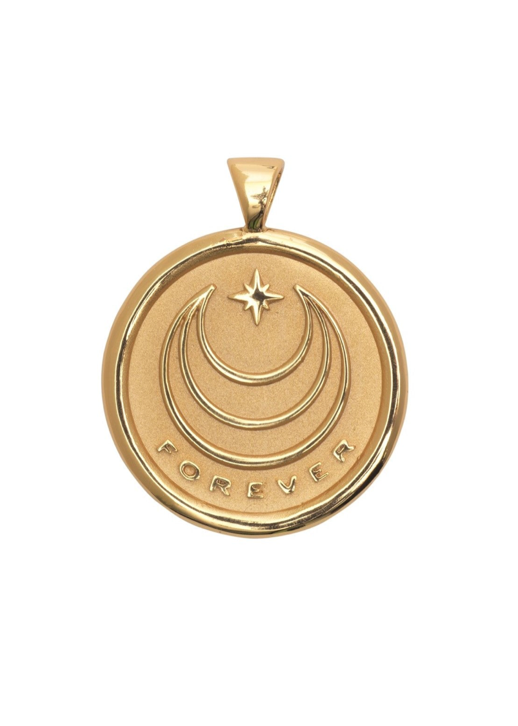 A gold circular pendant featuring a crescent moon and star motif with the word 'FOREVER' engraved along the bottom, shown on a plain white background.