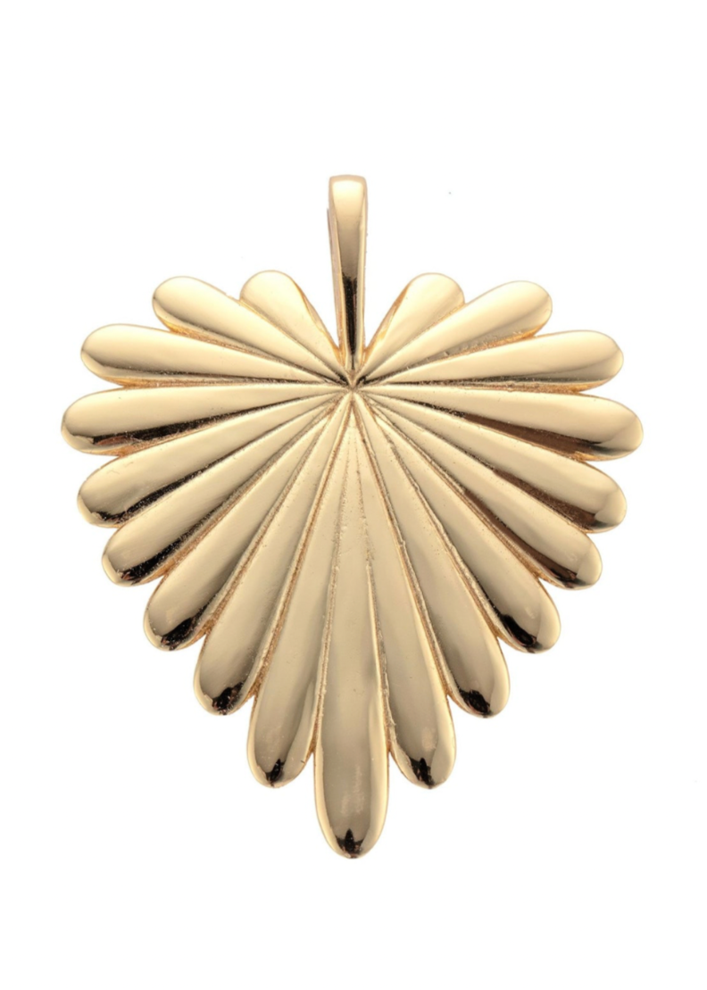 A polished gold pendant shaped like a stylized sunburst or fan, photographed on a clean white background.