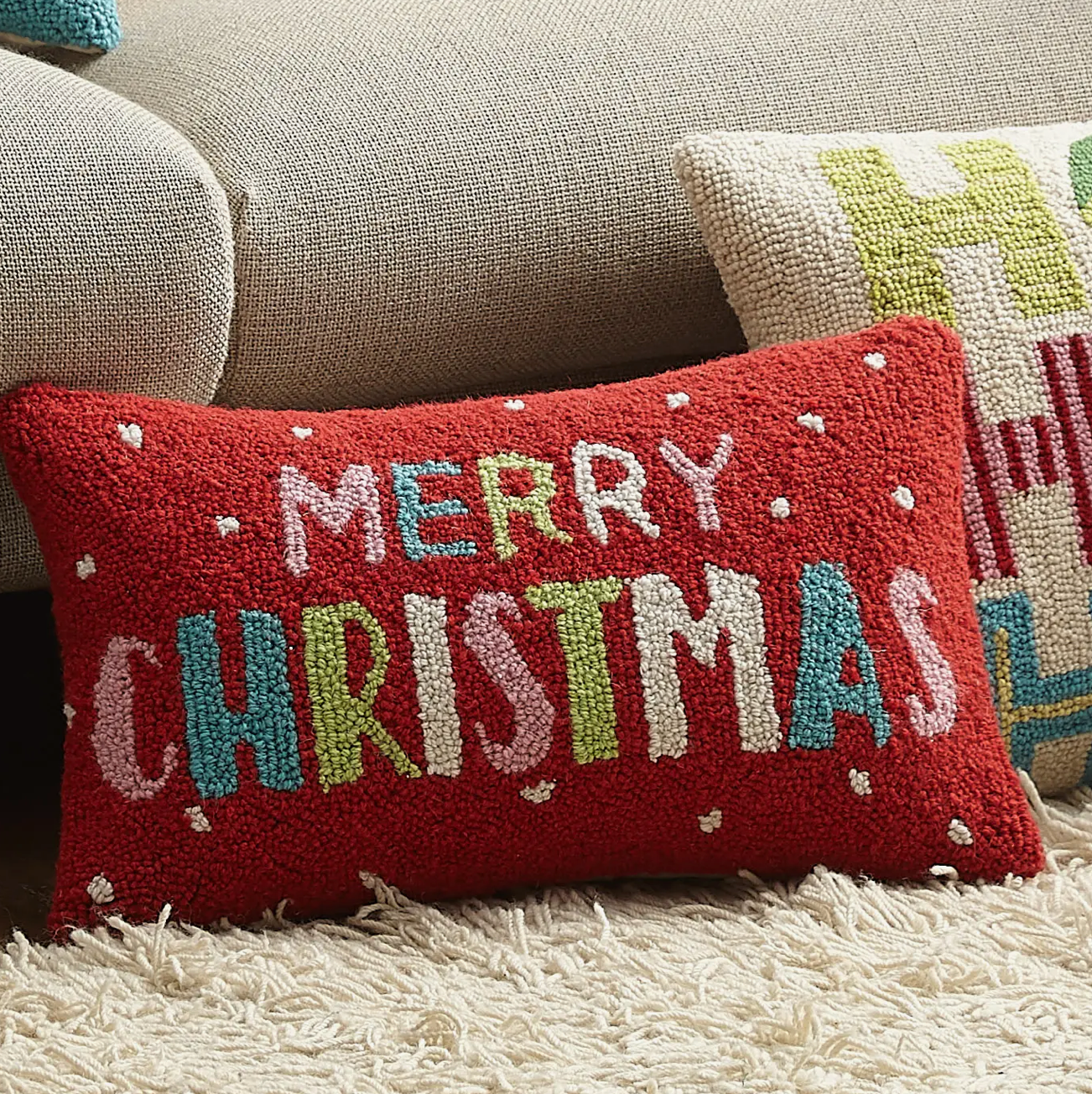 Merry Christmas Hooked Pillow