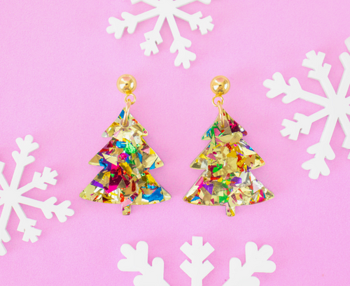 Small Glitter Christmas Tree Earrings - Gold