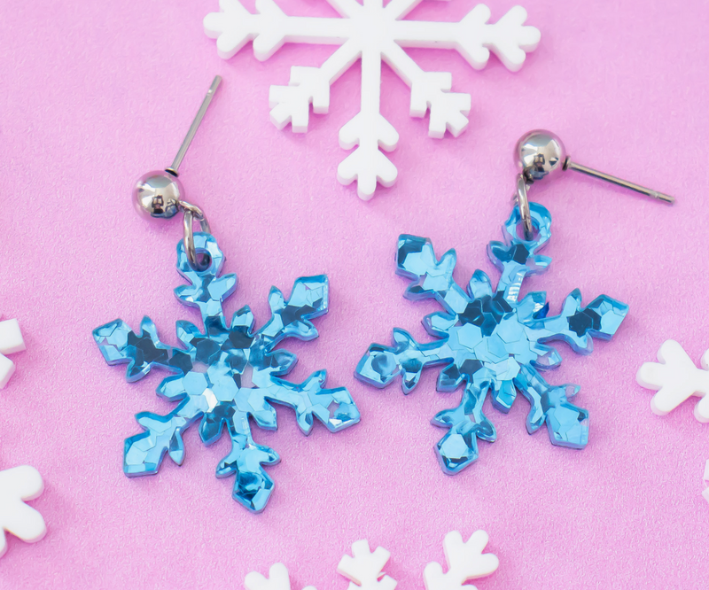 Blue Glitter Snowflake Earrings
