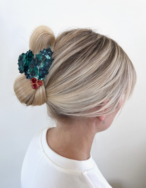 Hand-Painted Holly Christmas Holiday Claw Hair Clip