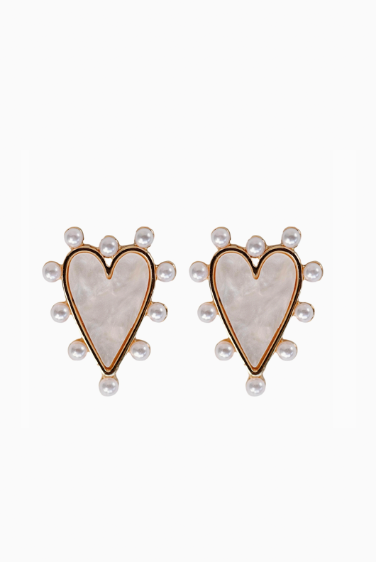 Pearl Studded Pink Tortoise Heart Earrings