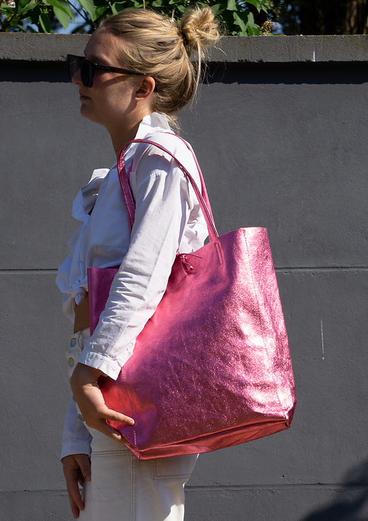 Metallic Fuchsia Leather Tote Bag