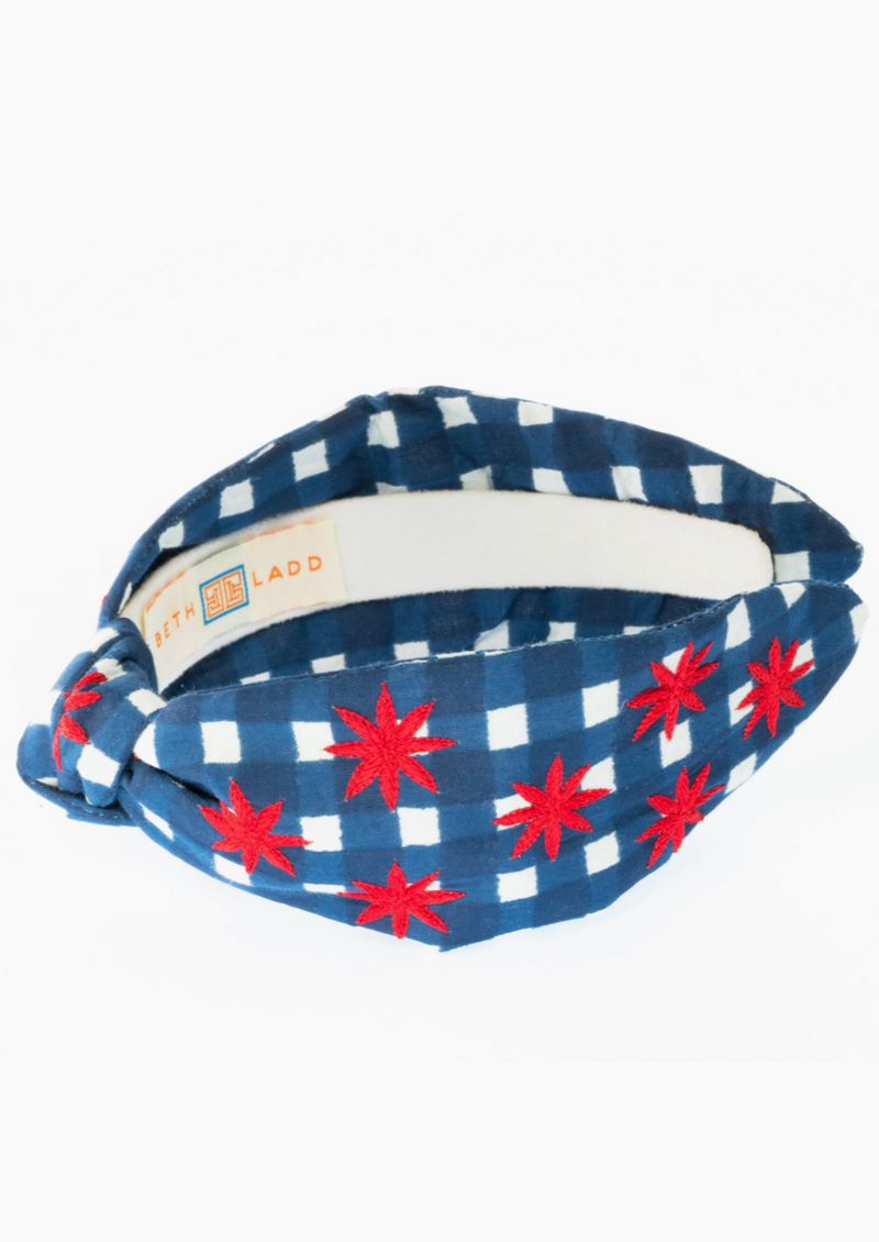 Blue Gingham Headband with Red Stars