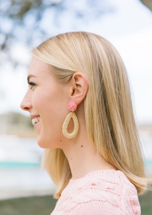Ava Rattan Pink Teardrop Earrings