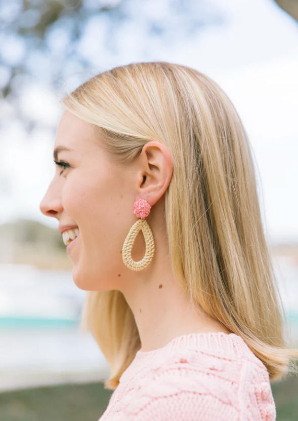 Ava Rattan Pink Teardrop Earrings