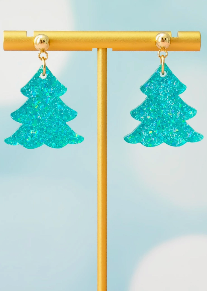 Teal Small Glitter Christmas Tree Earrings