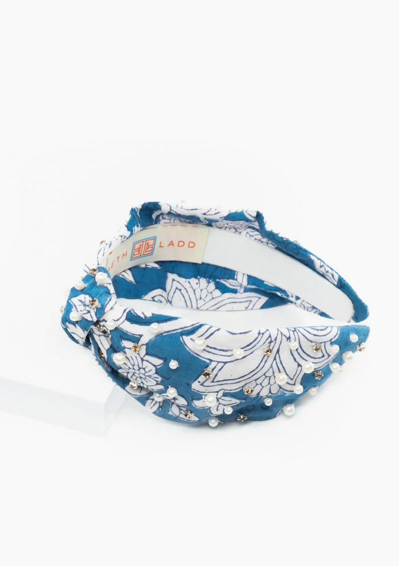 Block Print Headband with Gems Sconset Blue