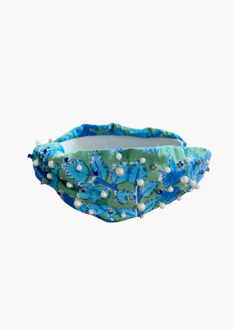 Block Print Headband with Gems Vineyard Blue/Green