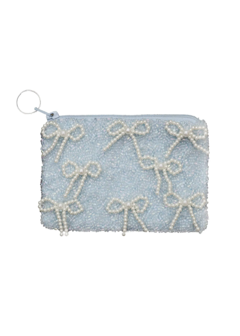 White Bows on Blue Beaded Coin Purse