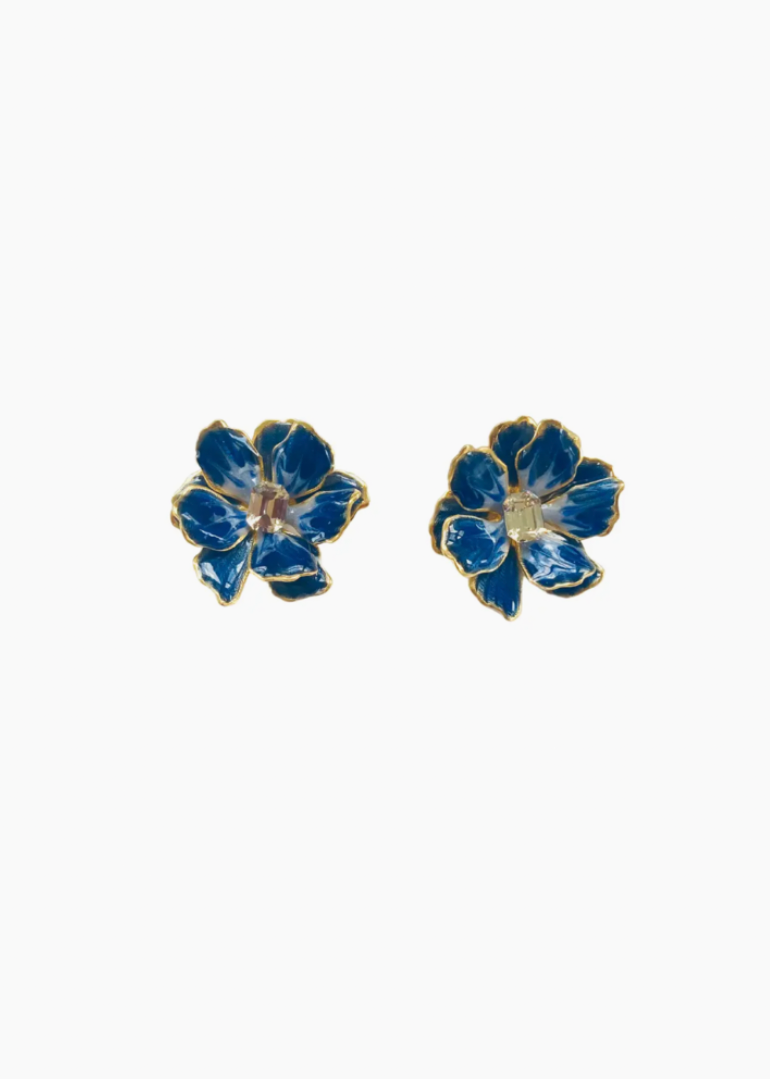 Small Handpainted Flower Earrings Navy