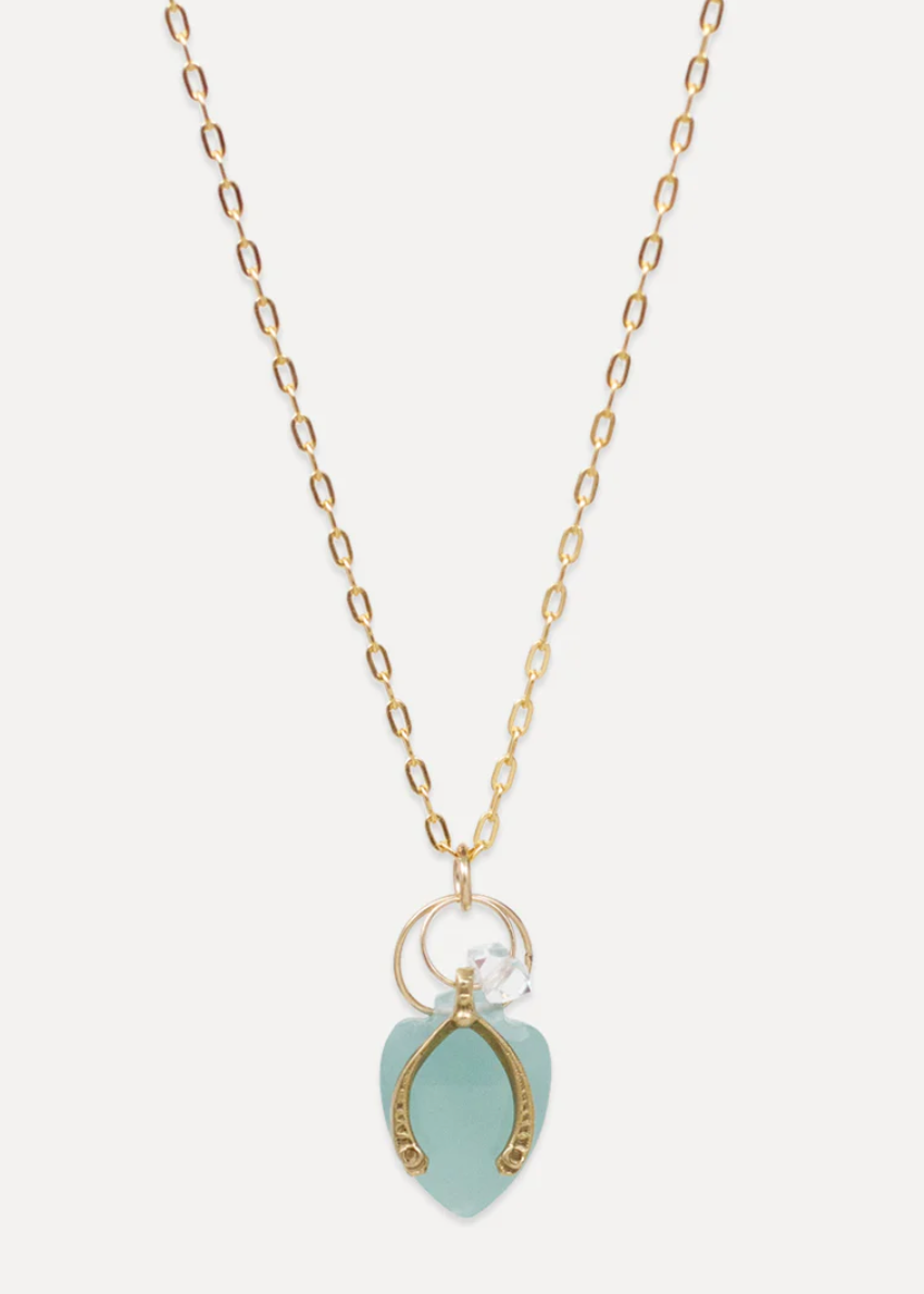 Aqua Chalcedony Wishbone Charm Necklace