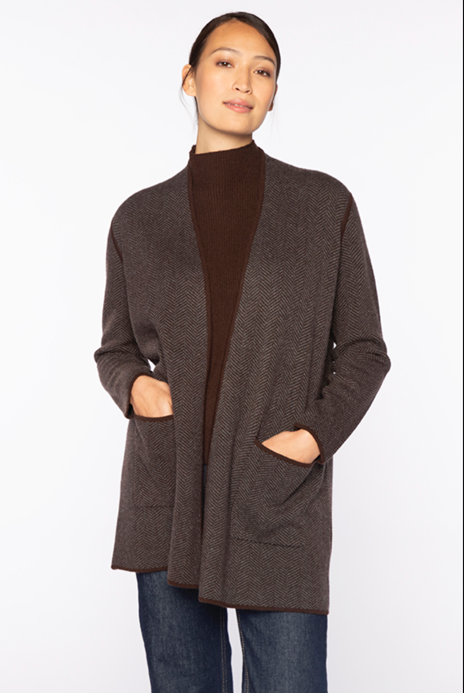 Kinross Jacquard Herringbone Cardigan Chocolate