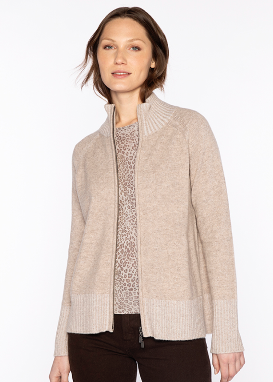 Kinross Plaited Zip Cardigan Taupe/Pearl
