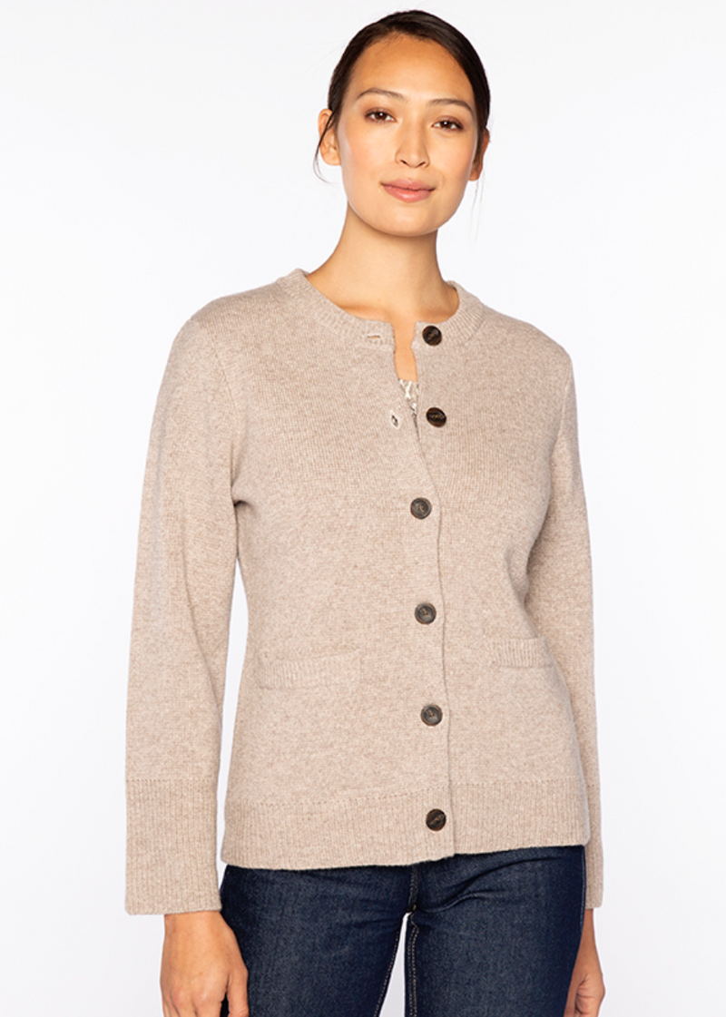 Kinross Doubleknit Fitted Crew Cardigan Taupe