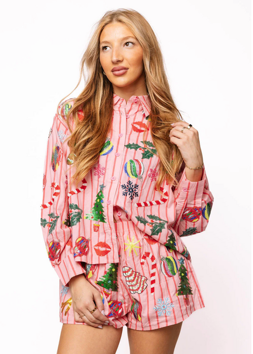 QOS Pink & Red Stripe Christmas Icons Button Up