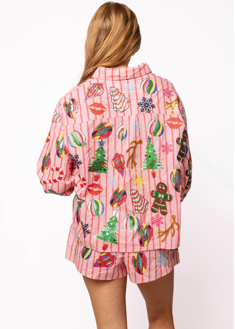 QOS Pink & Red Stripe Christmas Icons Button Up