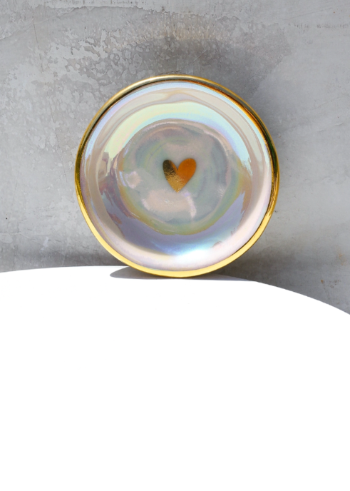 Iridescent Heart Ring Dish with Gold