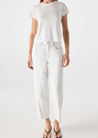 Person wearing a white t-shirt and white pants on a plain background