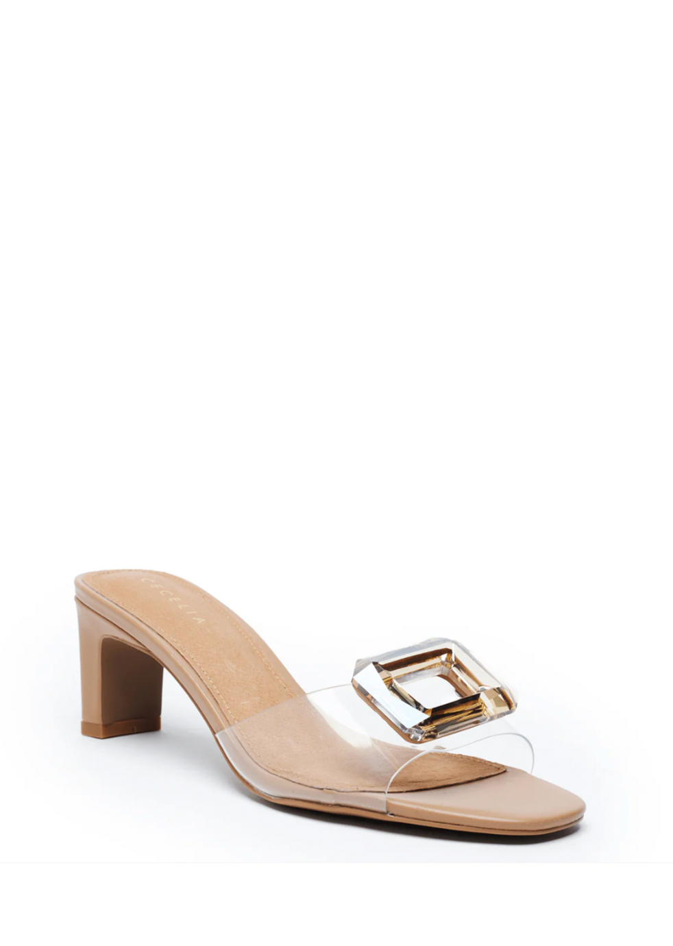 Beige sandal with clear strap and block heel on a white background