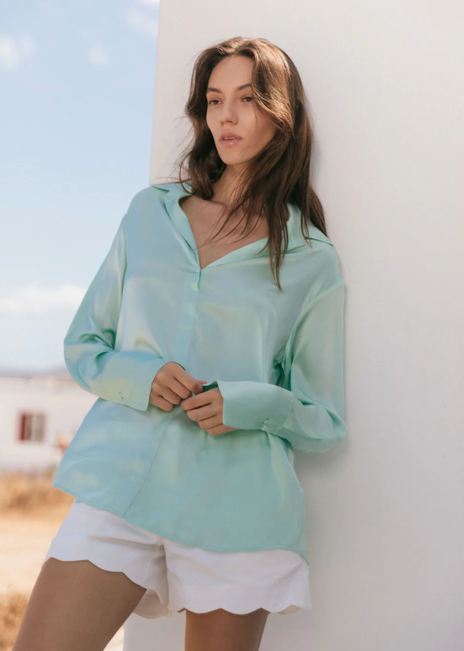 Daria French Cuff Silk Blouse Sea Moss
