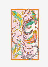 Colorful abstract design of intertwined snakes on a pink background