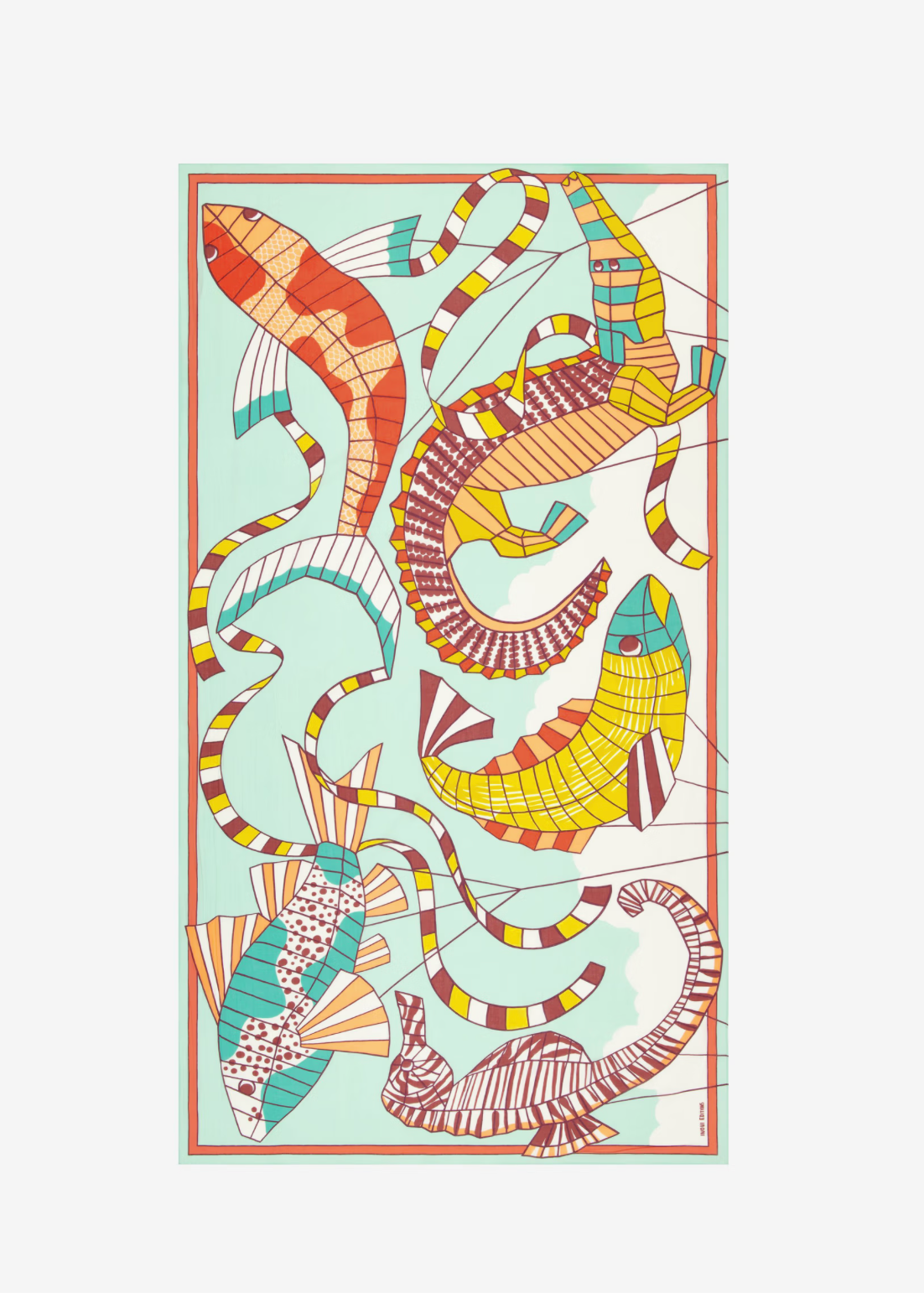 Colorful abstract design of snakes on a light green background