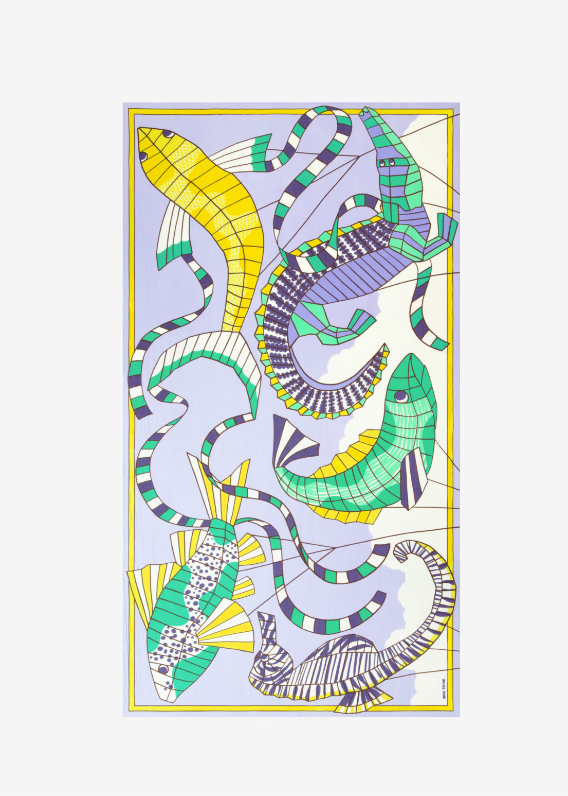 Colorful abstract design of intertwined snakes on a light purple background