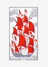 Decorative towel with a red sailboat design on a white background