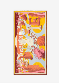 Framed artwork with abstract design featuring animals and nature elements on a white background