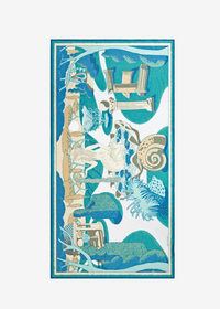 Decorative rug with abstract design featuring animals and nature elements on a blue background