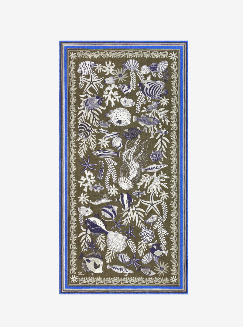 Decorative rug with marine life pattern on a white background