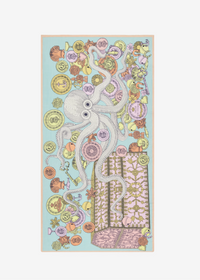 Decorative towel with a colorful octopus design on a light blue background