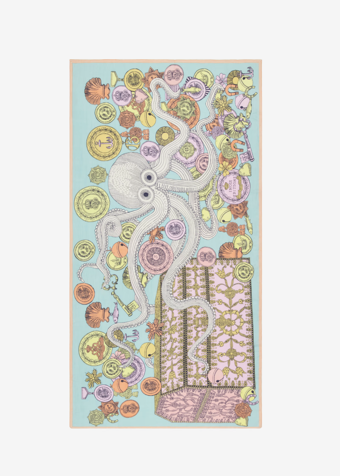 Decorative towel with a colorful octopus design on a light blue background