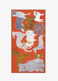 Decorative towel with embroidered animals on a red background