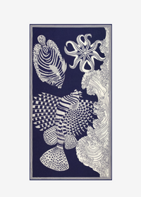 Decorative panel with stylized fish and shell designs on a blue background