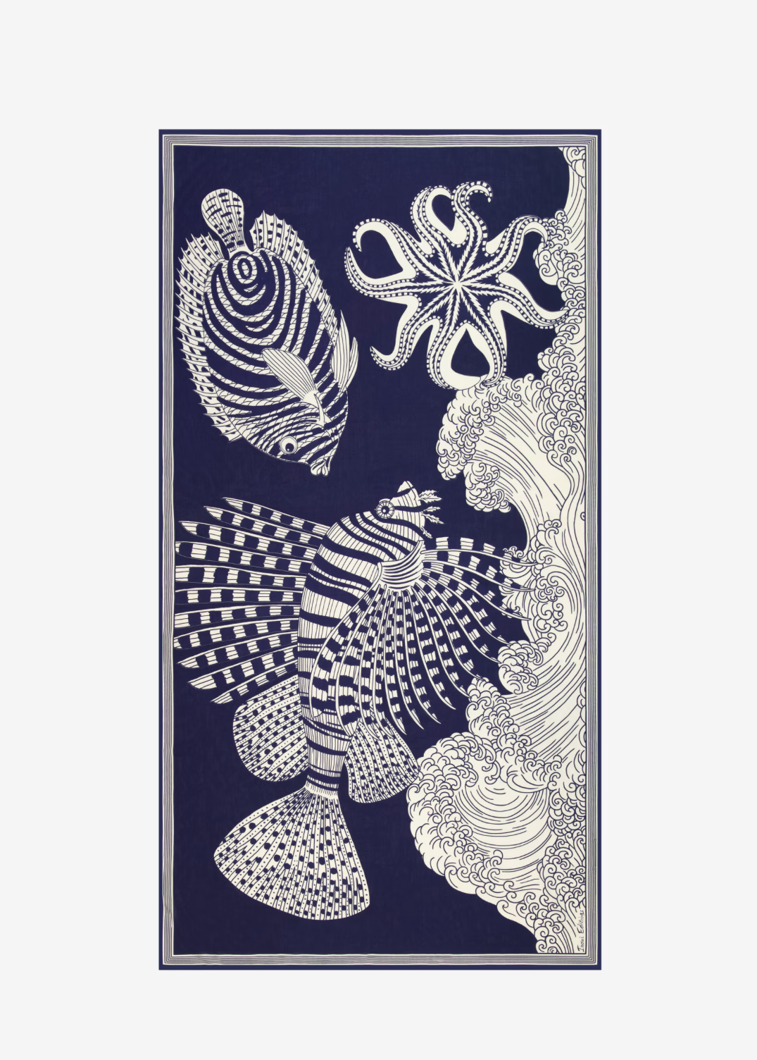 Decorative panel with stylized fish and shell designs on a blue background