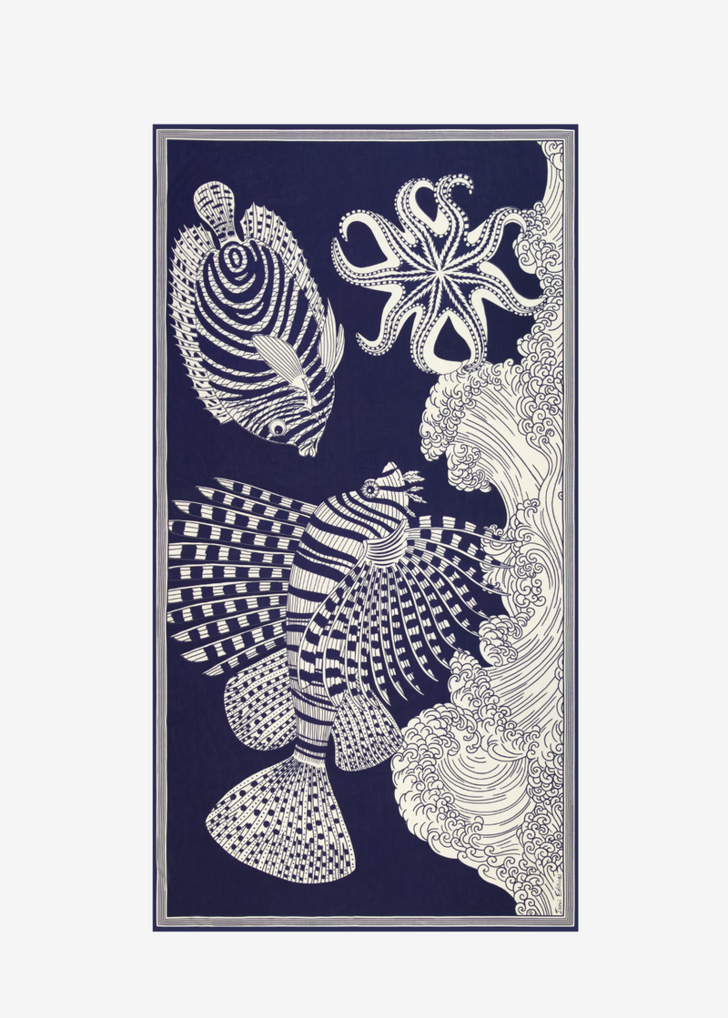 Decorative panel with stylized fish and shell designs on a blue background