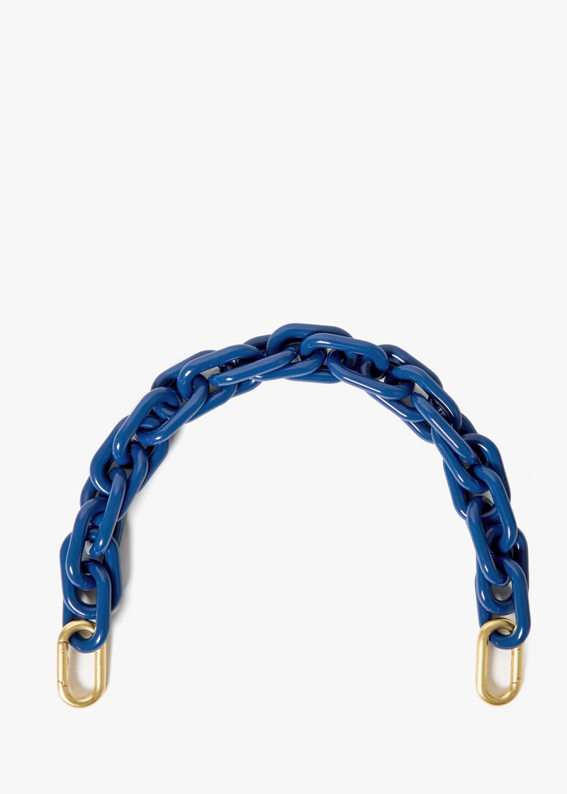 Blue chain strap with gold hardware on a white background